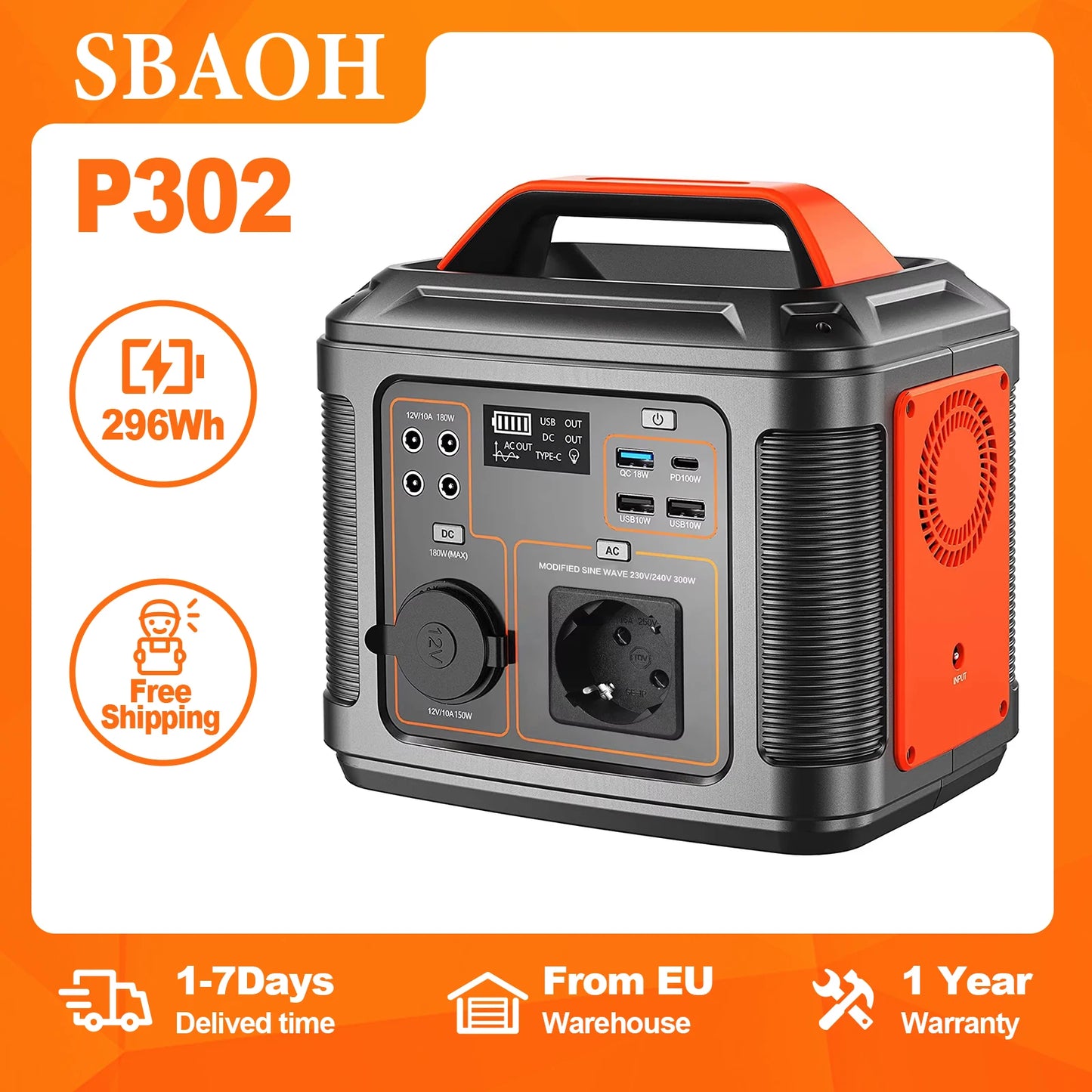 SBAOH Portable Power Station, 296Wh, 300W, AC Outlet, DC Ports, LED Flashlight, Solar Generator, Power Bank, Travel, Camping, RV